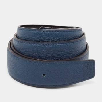 Pre Owned Hermes Bleu/Noir Evergrain and Box Leather Reversible Belt Strap 90 CM