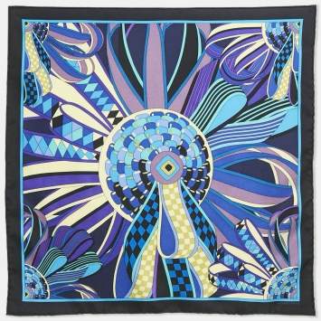 Pre Owned Hermes Bleu Silk Les Flots Du Cheval Pocket Square 