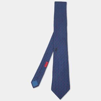 Hermes Blue Logo Printed Silk Tie