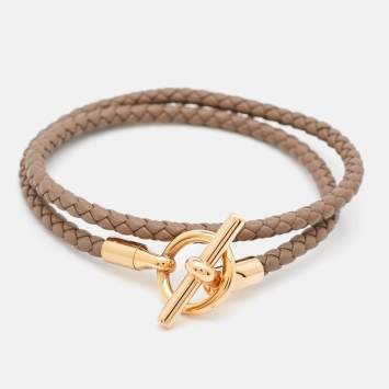 Pre Owned Hermes Glenan Leather Rose Gold Plated Bracelet