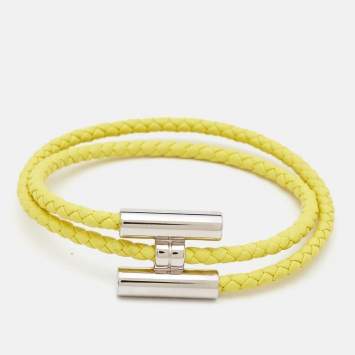 Pre Owned Hermès Tournis Tresse Yellow Leather Palladium Plated Bracelet