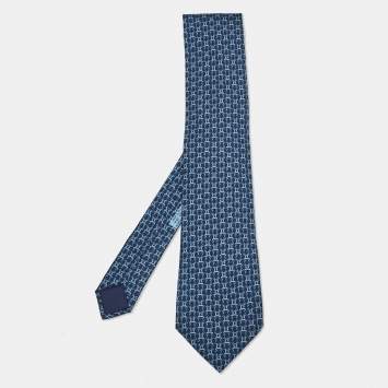 Pre Owned Hermès Navy Blue Equestrian Reigns Printed Silk Tie