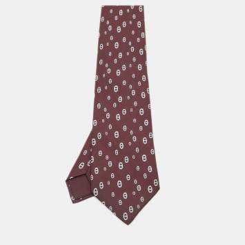 Pre Owned Hermès Purple Print Silk Traditional Tie 