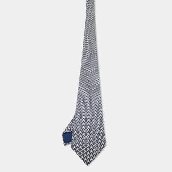 Pre Owned Hermès Navy Blue Print Silk Traditional Tie 
