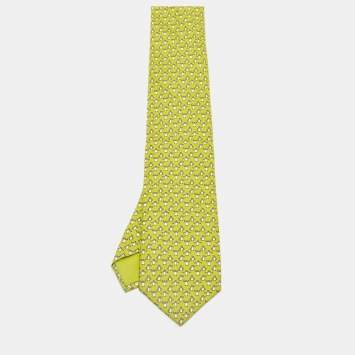 Pre Owned Hermès Green Whimsical Penguins Print Silk Tie