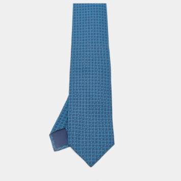 Pre Owned Hermès Blue Geometric Print Silk Tie 