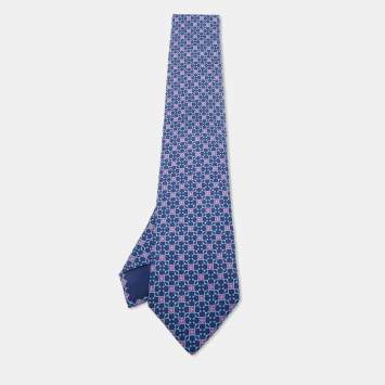 Pre Owned Hermès Blue Floral Print Silk Tie 