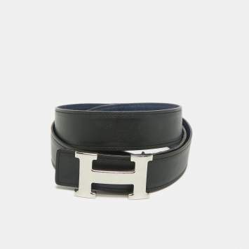 Pre Owned Hermès Noir/Bleu Saphir Swift and Epsom Leather H Martelee Buckle Reversible Belt 100 CM