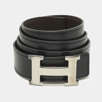 Pre Owned Hermes Chocolat/Noir Togo and Box Leather Brushed H Buckle Reversible Belt 85 CM