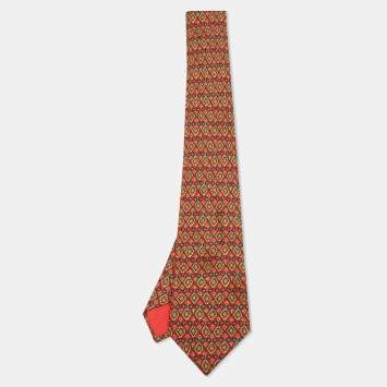 Pre Owned Hermes Red Geometric Floral Print Silk Tie