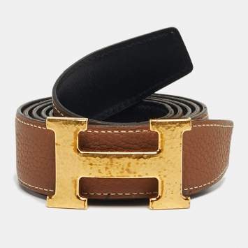 Pre Owned Hermès Hammered Finish Gold H Buckle 110CM Gold/Black Clemence and Box Leather