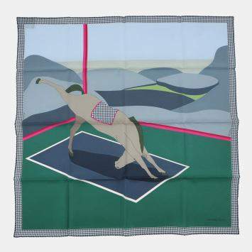 Pre Owned Hermes Carre "Cheval Tte En Bas" Size 65 Vert Emerald / Blue Horizon / Blue Glacier Cotton51% Silk49%