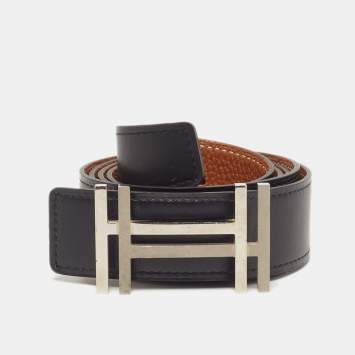 Pre Owned Hermès H Au Carre 100 CM Reversible Buckle Belt Noir/Gold Box and Togo Leather