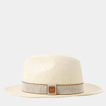 Pre Owned Hermes Rio H-Cut Hat Size 59 Beige/Gold Straw