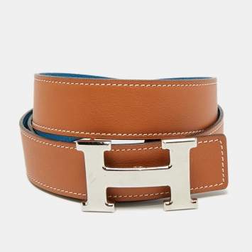Pre Owned Hermes H 95 CM Reversible Buckle Belt Gold/Bleu Zanzibar Swift and Epsom Leather