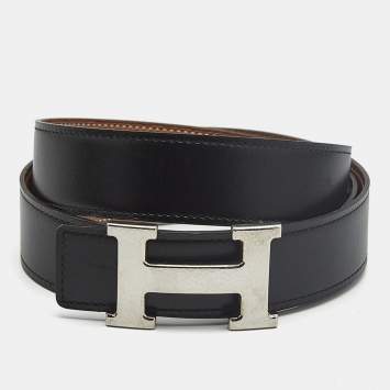 Pre Owned Hermes Hammered H 95 CM Reversible Buckle Belt Noir/Gold Box and Togo Leather