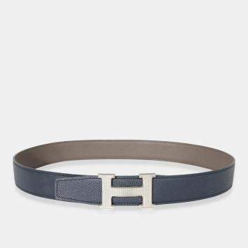 Pre Owned Hermes Epsom Etain Bleu De Prusse H Guilloche Belt 80