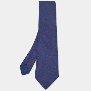 Pre Owned Hermès Dark Blue/Orange Diagonal Striped Silk Tie