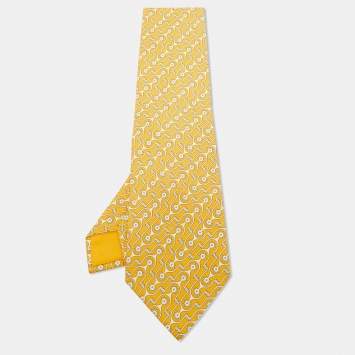 Pre Owned Hermès Yellow Geometric Print Silk Tie