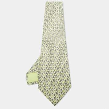 Pre Owned Hermes Light Green Bird Print Silk Tie