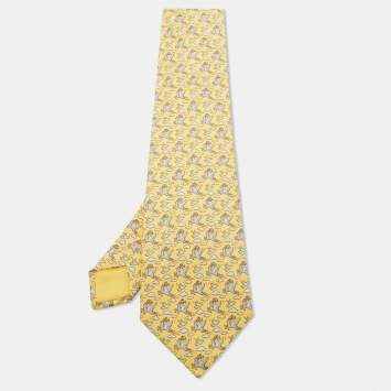 Pre Owned Hermes Yellow Whimsical Flying Reindeer Silk Tie