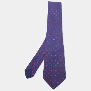 Pre Owned Hermès Blue/Red Maillon H Traditional Silk Tie 