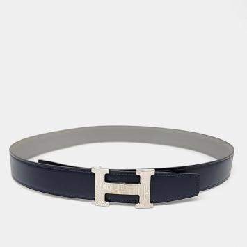 Pre Owned Hermès Blue/Grey Leather H Reversible Belt (W)