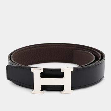 Pre Owned Hermes Constance H Belt Size 95 Black/Chocolat Box Calf Leather Togo Leather