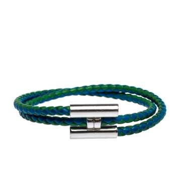 Pre Owned Hermès Tournis Tressé Bicolor Leather Palladium Plated Bracelet