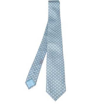 Pre Owned Hermes Pale Blue Geometric Print Classic Silk Tie
