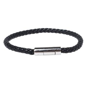 Pre Owned Hermes Goliath Noir Braided Leather Palladium Plated Bracelet