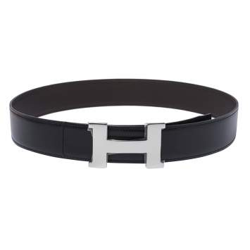 Pre Owned Hermes Black/Cacao Box Calf Leather Constance Reversible Belt 90CM