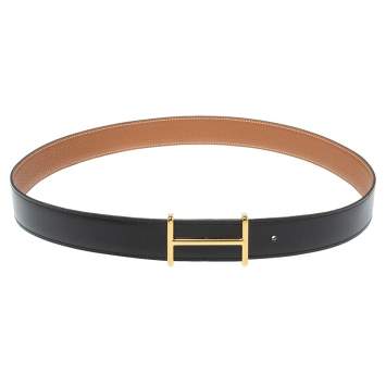 Pre Owned Hermes Black/Brown Box and Togo Leather Idem Reversible Belt 90CM