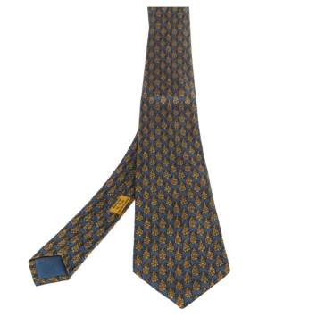 Pre Owned Hermes Blue & Yellow Pineapple Print Silk Tie