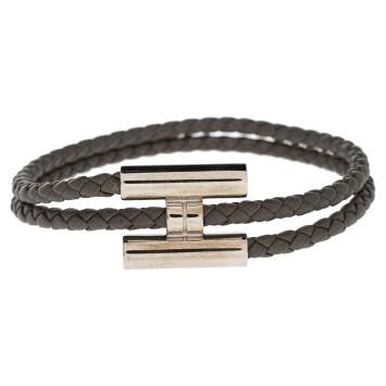 Pre Owned Hermes Tournis Tresse Grey Woven Leather Palladium Plated H Bracelet