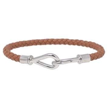 Pre Owned Hermes Brown Braided Leather Palladium Plated Metal Jumbo H Bracelet