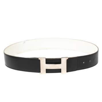 Pre Owned Hermes Black/White Epsom and Box Leather Palladium Hardware Constance Reversible Belt 90CM