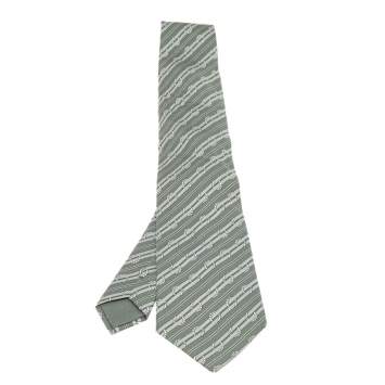 Pre Owned Hermes Green Diagonal Striped Horsebit Printed Silk Tie