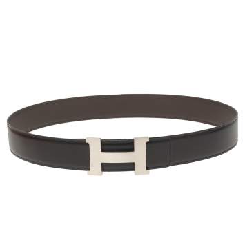 Pre Owned Hermes Black/Moka Box and Swift Leather Constance Reversible Belt 100CM