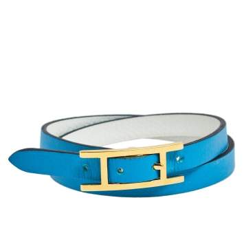 Pre Owned Hermès White & Blue Leather Gold Plated Behapi Double Tour Bracelet