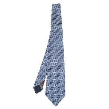 Pre Owned Hermes Navy Blue Basket Weave Pattern Silk Jacquard Tie