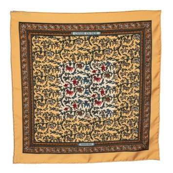 Pre Owned Hermes Yellow Chasse En Inde Printed Silk Pocket Square