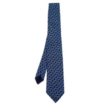 Pre Owned Hermes Navy Blue Patterned Silk Jacquard Tie
