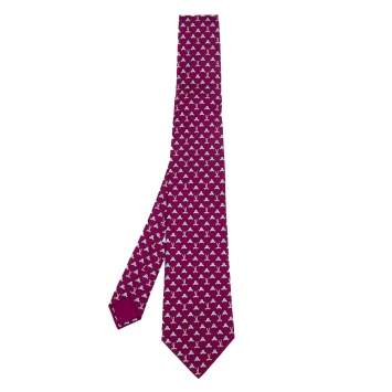 Pre Owned Hermes Magenta Rabbit & Seal Printed Silk Tie 