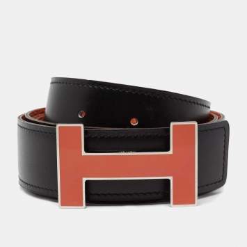 Pre Owned Hermes Orange/Black Togo and Box Leather Quizz Reversible Belt 90CM