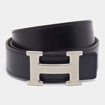 Pre Owned Hermes Black/Etoupe Chamonix and Togo Leather Palladium Finish Reversible H Buckle Constance Belt 90 CM