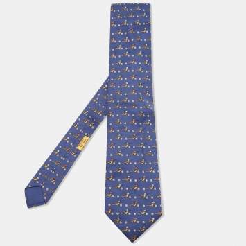 Pre Owned Hermès for FFSA Blue Racer Print Silk Tie