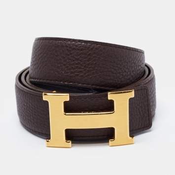 Pre Owned Hermes Noir/Chocolat Box and Togo Leather H Buckle Reversible Belt 100 CM