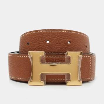 Pre Owned Hermes Noir/Gold Chamonix and Togo Leather H Buckle Reversible Belt 95 CM