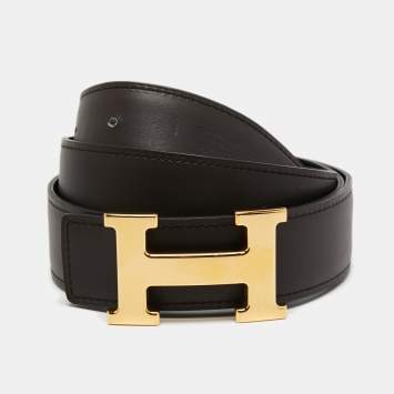 Pre Owned Hermes Noir/Chocolat Chamonix and Swift Leather H Buckle Reversible Belt 90 CM